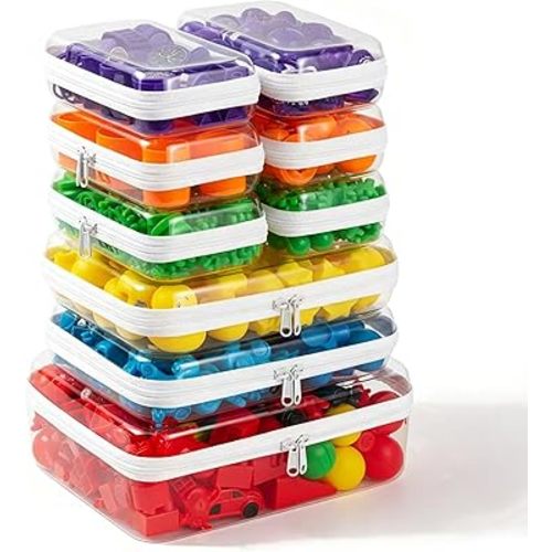 9 pcs Zipper Pouches Nesting Set, Hard Shell Toiletry Bag, Stackable Travel Organizer, Cosmetic Bags, Transparent Diaper Bag, Storage Cases (1 Tall M + 2M + 6S)