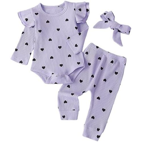 Fullfamous Baby Girl's 3pc Rib Frill Long Sleeve Romper and Pant Set