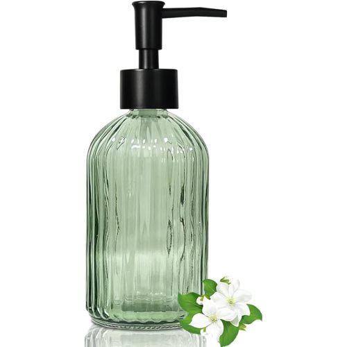 14 Oz Black Pump Glass Soap Dispenser, Green Stripe Countertop Refillable Liquid Bottle Hand Dish Lotion Dispenser with Plastic Pump, for Kitchen, Bathroom