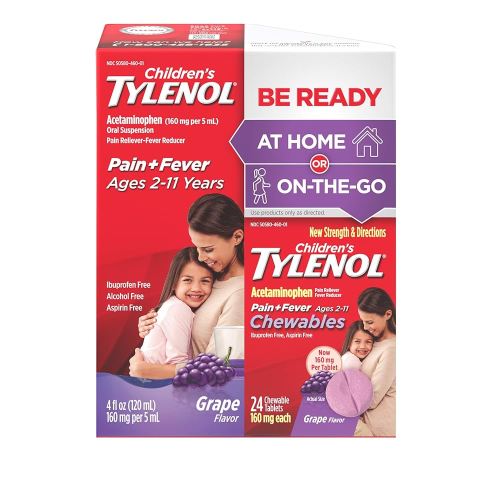 Children's Tylenol Liquid Oral Suspension, 4 fl. oz. & Chewable Tablets, 24 ct; Pain & Fever Medicine, Children's Acetaminophen, Fever Reducer, Alcohol-Free, Aspirin-Free; Grape Flavor, 2 piece Bundle