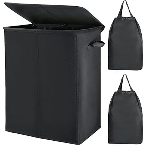 Voova 154L Double Laundry Hamper with Lid and 2 Removable Laundry Bags, Large Collapsible 2 Dividers Dirty Clothes Basket with Handles for Laundry Room, Bedroom, Bathroom, College Dorm, Black