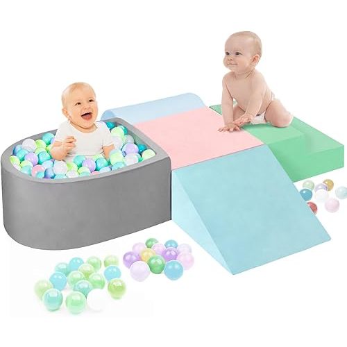 Climb & Crawl Foam Blocks + Foam Ball Pit, 5-Piece Soft Play Climbing Blocks, Indoor Climb Crawl Activity Play Set, Birthday Gift (Balls not Included)