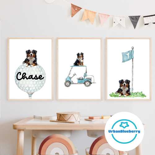 Personalized Australian Shepherd Golf wall art set of 3 prints, Aussie wall art set, nursery name sign, dog wall art, Aussie Art Prints