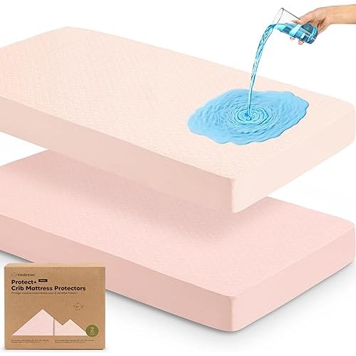Waterproof Crib Mattress Protector Cover Fitted - 2-Pack Quiet Baby Mattress Topper Crib Sheets, 52" x 28" Soft Quilted Cotton Baby Sheet, Easy Fit, Durable Toddler Liner (Mist Rose)