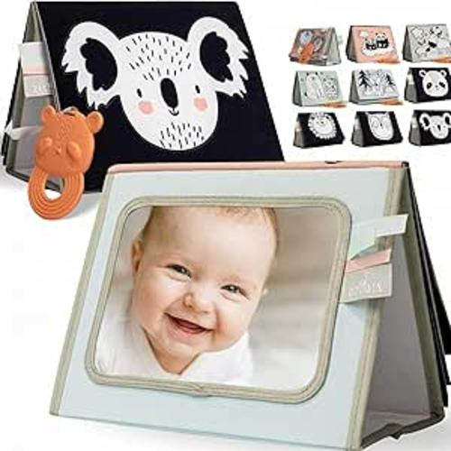 Soft Tummy Time Book w/ Large Stimulating Baby Safe Mirror - Fun High Contrast Montessori Toy w/ Mirror, Crinkle Filling & Silicone Teether - The Perfect Toy For Safe Early Newborn/Infant Development