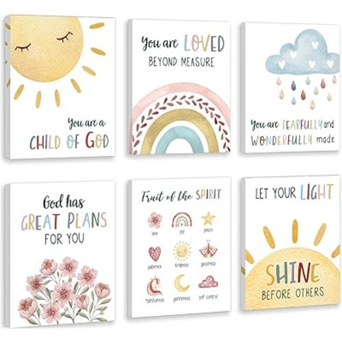 HOURIA Kids Bible Verses Wall Decor,Inspirational Christian Wall Art,Set Of 6 (8’’X10’’) Rainbow Scripture Canvas Wall Art For Nursery Bedroom Classroom Sunday School Decor,Christian Gifts For kids