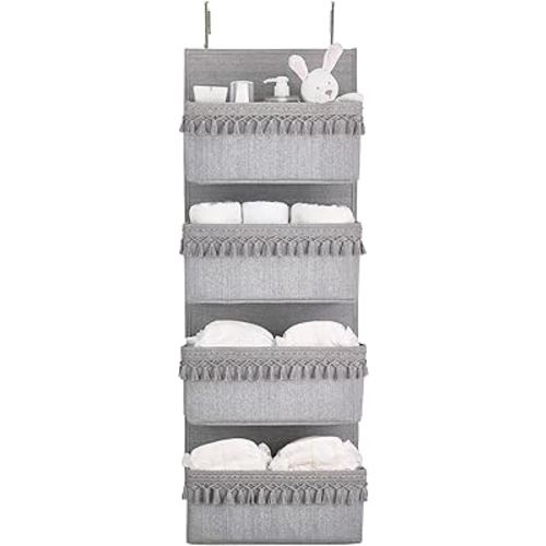 Dahey Over The Door Organizer Boho Nursery Storage Decor Closet Hanging Organizer with Tassels Decoration for Bedroom Nursery Bathroom Apartments Dorm Pantry, 4 Pockets, Grey