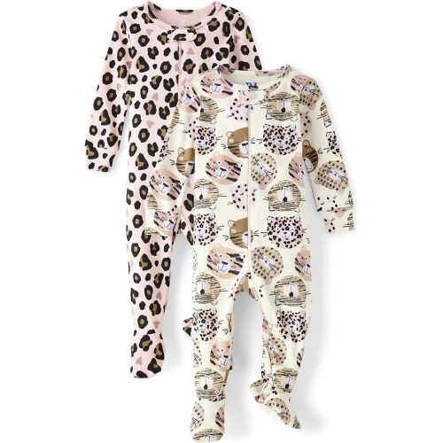 The Children's Place Baby Girls' and Toddler Snug Fit 100% Cotton Zip-Front One Piece Footed Pajamas 2-Pack - 0-3 Months - Cat Faces/Little Lamb