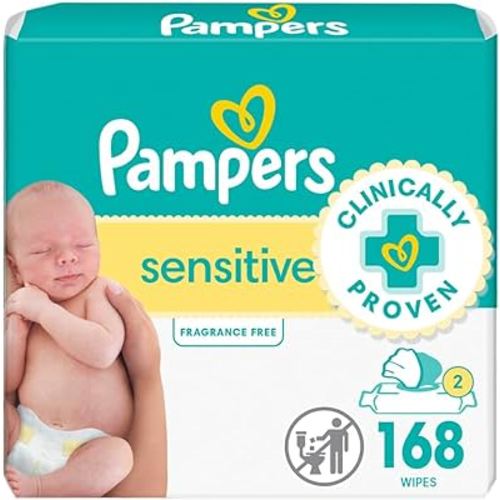 Pampers Sensitive Baby Wipes, Water Based, Hypoallergenic and Unscented, 2 Flip-Top Packs (168 Wipes Total)
