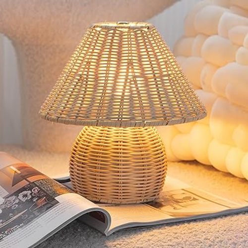 Boho Lamp Rattan Lamps,3 Colors Modes Vintage Wicker Light,Small Table Lights for Bedroom Living Room Home Office Art Decor,7W E26 Bulb Included