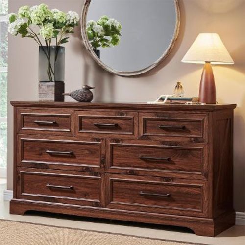 52" Wide Farmhouse 7 Drawers Dresser for Bedroom, Wood Chest of Drawers with Natural Texture for Bedroom, Living Room, Brown