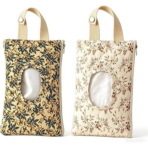 2 Pack Quilted Wipe Holder, Floral Portable Wipes Pouch, Reusable Wipe Cover Pouch with Hanging Strap for Diaper Bag, Car, Crib, Stroller & Travel (Lemon & Brown Leaf)