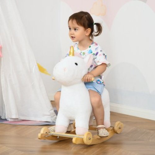 Qaba Rocking Horse, 2 in 1 Kids Ride on Horse, Rolling Unicorn with Sound, Wooden Base, Pedal, Grip Handle, Plush Riding Pony for 3-6 Years Old, White