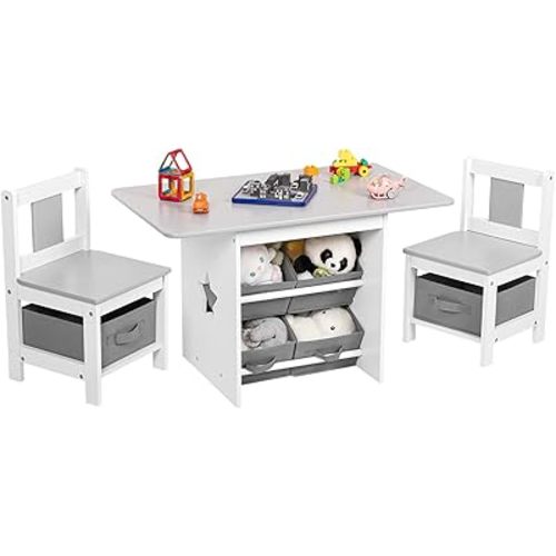 Kids Table and Chair Set (2 Chairs Included), Wooden Toddler Desk Group with 6 Storage Bins Boxes, Children's Furniture, Water Resistant (Gray)