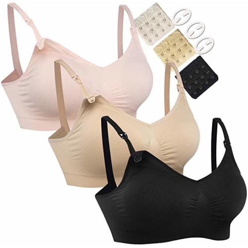HOFISH 3PACK Full Bust Seamless Nursing Maternity Bras Bralette S-XXL with Extra Bra Extenders & Clips - 03pcs/Pack a Pink Black Beige - Small