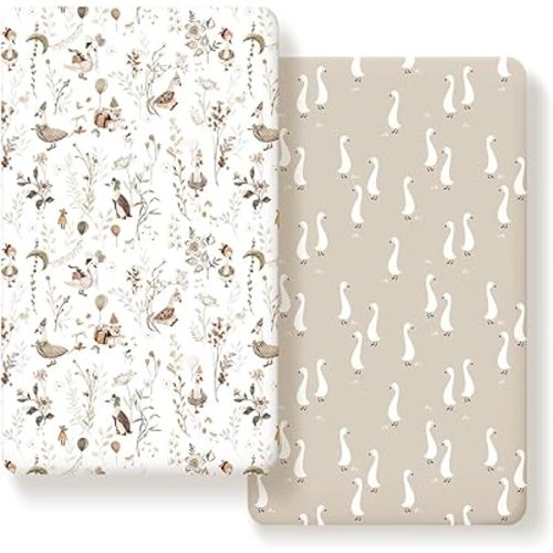 Ultra Soft Jersey Knit Fitted Crib Sheets Set 2 Pack, Stretchy Crib Mattress Sheets with Deep Pocket, Universal Fit All Standard Crib Pads Safe and Snug, Crib Fitted Sheet for Baby, Happy Duck