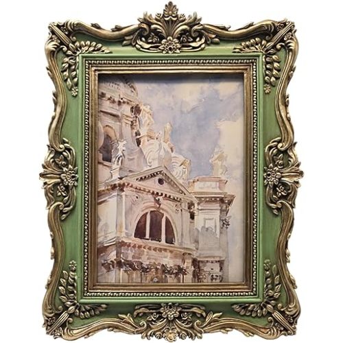 5x7 Vintage Picture Frame, Antique Green and Gold Ornate Photo Frame for Wall Hanging or Tabletop Display, Retro Home Decor, Photo Gallery Art