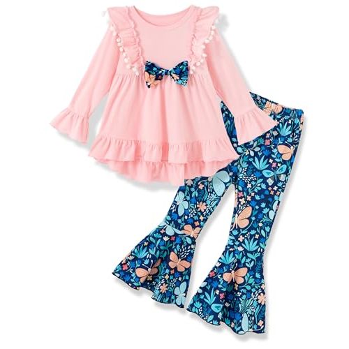 Auiopila Kids Toddler Girl Clothes Solid Color Ruffle Sleeve Top and Flare Jeans Pants 2Pcs Fall Winter Girl Outfits