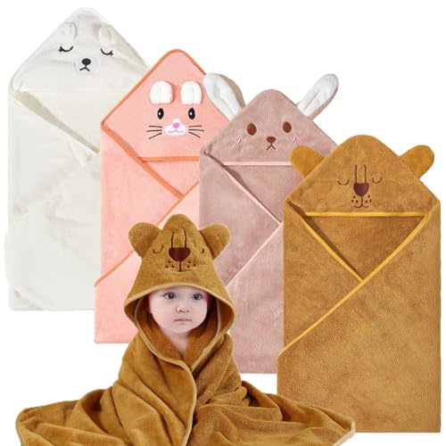 KLHYIT Baby Bath Towel with Hooded 4Pack Absorbent Soft Hooded Towel for Newborns Unisex 31.5x31.5 in Bath Towel Set Gift for Babies, Infant, Newborn Essential