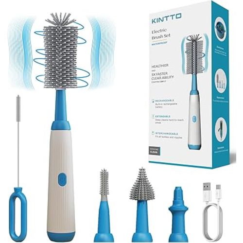 KINTTO Electric Bottle Brush Cleaner with Rechargeable, Cleaning for Baby/Water/Wine/Thermos Bottles, Waterproof 2 Nipple and Straw Silicone Brush 1500mAh
