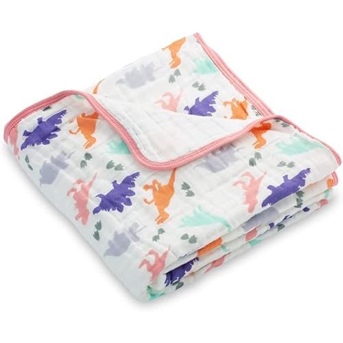 LollyBanks Muslin Baby Quilt 100% Cotton, 6 Layers Soft Baby Blankets for Girls, Large 47 x 47 Inches Versatile Crib Blanket, Cozy Muslin Comforter, Newborn Essentials, Registry (Dinosaur Print)