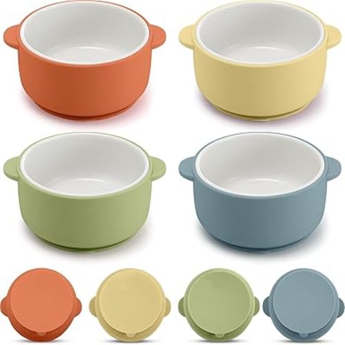 Domensi 4 Sets Kids Porcelain Bowls with Suction Sleeves Toddler Suction Bowl Upgrade Durable Microwave Dishwasher Safe Cereal Soup Snack Dishes for Baby Children Feeding Supplies (Vivid)
