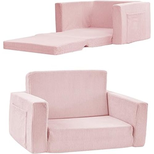Kids Couch Children's 2 in 1 Flip Open Foam Sofa Extra Wide Couch Foam Filled Lounge Toddler Chair Boys Cuddly Corduroy Comfy Bean Bag Chair Couch for Boys and Girls Light Pink