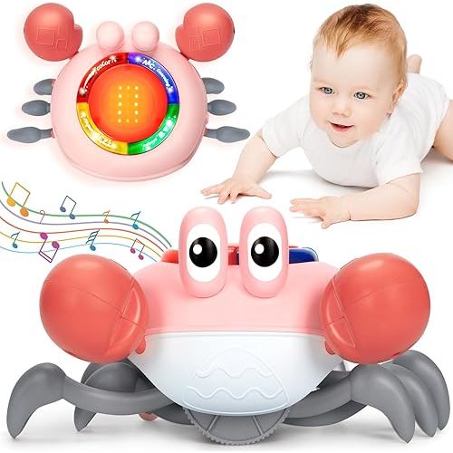 Musical Crawling Crab Baby Toy, Tummy Time Toy for 6-12 Month Boy Girl, Pink Light-up Walking Dancing Moving Crab for 1 Year Old Baby Educational Learning, Great Gift for 12-18 Month Infant