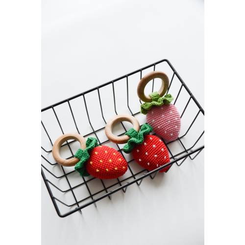 Strawberry crochet rattle, cute amigurumi fruit,  baby box strawberry theme gift