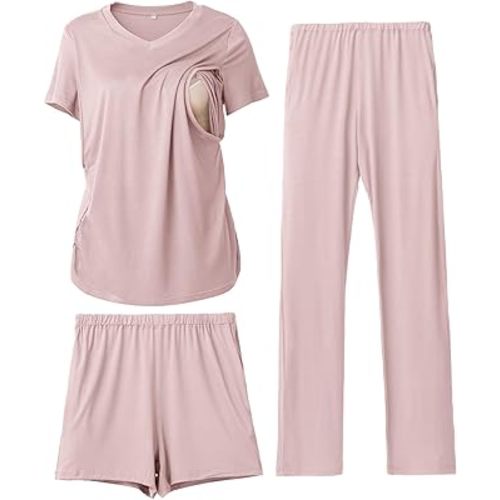 Rnxrbb 3 Piece Women's Maternity Nursing Pajamas Set V Neck Breastfeeding Pjs Sleepwear Postpartum Shorts&Pants Pockets