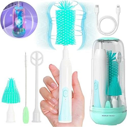 Marlo & Buzz Electric Baby Bottle Brush Cleaner Set, Rechargeable Waterproof Silicone Brushes with Large Bottle Brush, Nipple Brush, Straw Brush, Milk Stirrer, Drying Rack (Green)