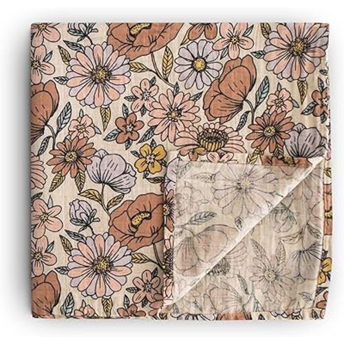mushie Muslin Baby Swaddle Blanket | 100% Organic Cotton (Retro Flowers)