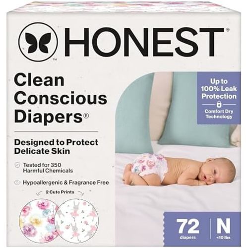 The Honest Company Daytime Diapers, Rose Blossom, Size Newborn, 72 Count