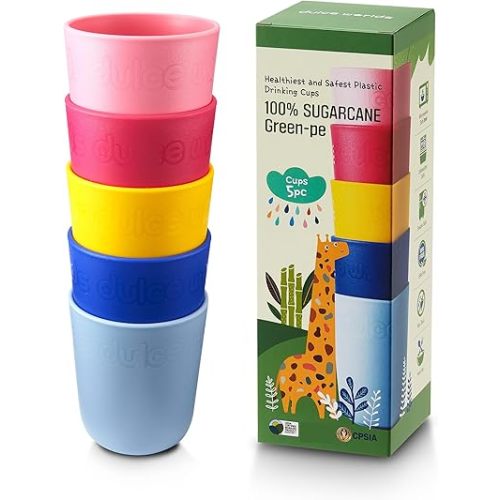 SUGARCANE Kids Cups 10 oz - 5 Pack, USDA & LFGB Certified Toddler Cups - BPA Free - Dishwasher Safe, Reusable, Unbreakable - Multi