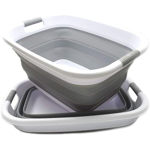 SAMMART Set of 2-31L (8.1 gallon) Collapsible Plastic Laundry Basket-Pop Up Storage Container-Portable Washing Tub - Space Saving Hamper/Basket, Water capacity: 23L (6 gallon) (2, Grey)