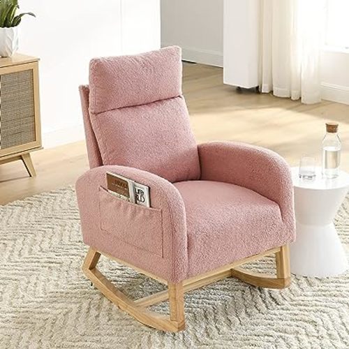 Nursery Rocking Chair with Solid Wood Legs, Glider Chair for Nursery with Two Side Pockets, Rocker Armchair for Living Room Bedroom (Pink, Teddy Fabric)