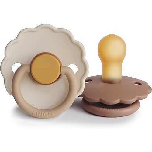 FRIGG Daisy Natural Rubber Baby Pacifier | Made in Denmark | BPA-Free (Chamomile/Peach Bronze, 0-6 Months) 2-Pack