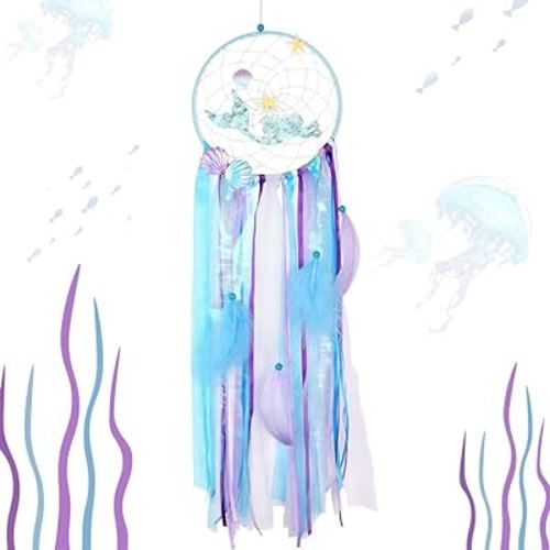 AerWo Mermaid Dream Catcher Macrame Wall Hanging Decor, Handmade Blue Mermaid Gifts for Girls, Kids Nursery Bedroom Decor, Under The Sea Mermaid Home Decor, Birthday Party Supplies,8 x 28 Inches