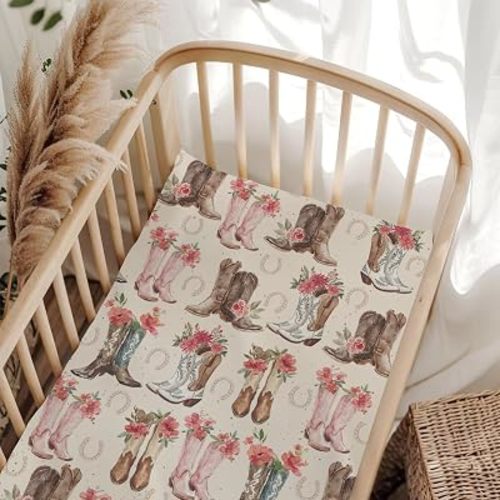 Vintage Western Cowgirl Boot Floral Pink Baby Crib Sheets for Boy Girl 28"x52" Cowboy Boots Wildflowers Fitted Crib Mattress Cover for Standard Crib and Toddler Mattress Wild West Bed Sheet