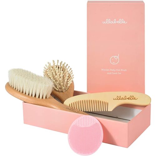 Ullabelle 4 Piece Wooden Baby Hair Brush and Comb Set for Newborns & Toddlers in Chic Gift Box - Ultra Soft Natural Goat Hair and Wood Baby Brush Set Prevents Cradle Cap - Perfect Registry Gift (Pink)