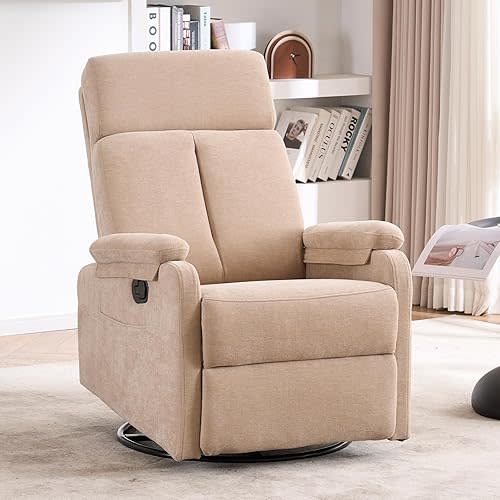 Recliner Chairs, 360° Swivel Rocker Recliner Chair for Adults, Glider Rocking Chair, Small Nursery Recliner for Living Room,RV, Reclining with Modern-Designed Armrests, Fabric Beige