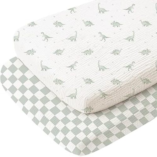 Konssy 2 Pack Muslin Bassinet Sheets for Baby Boy, 100% Cotton Soft Breathable Bassinet Mattress Sheets Fit for Hourglass Oval Cradle Rectangle Mattress (Green Dino,Baby Green Plaid)