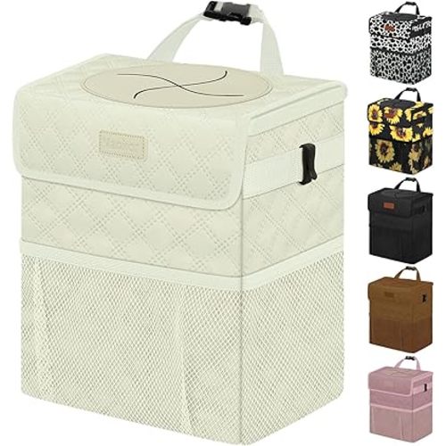White Car Trash Can Cute, White Car Accessories for Women Waterproof Automotive Garbage Cans Leak Proof Vehicle Trash Can Diamond Pattern-Beige