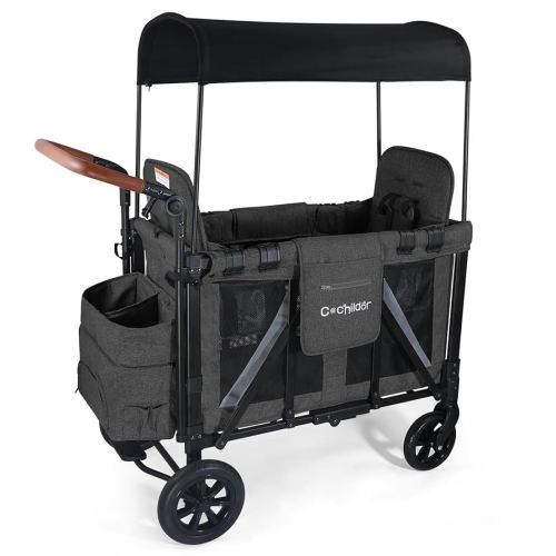 Elite 2 Seater Wagon Stroller for Kids, Foldable Stroller Wagon with Removable Seats & Canopy, 5-Point Safety Harness, Adjustable Handle, Dark Grey
