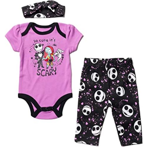 Disney Nightmare Before Christmas Zero Sally Jack Skellington Baby Girls Bodysuit Pants and Headband 3 Piece Outfit Set