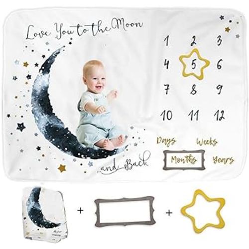 Baby Monthly Milestone Blanket for Baby Boys Personalized Newborn Growth Chart Photography Backdrop,60''*40'' (Love You to The Moon)
