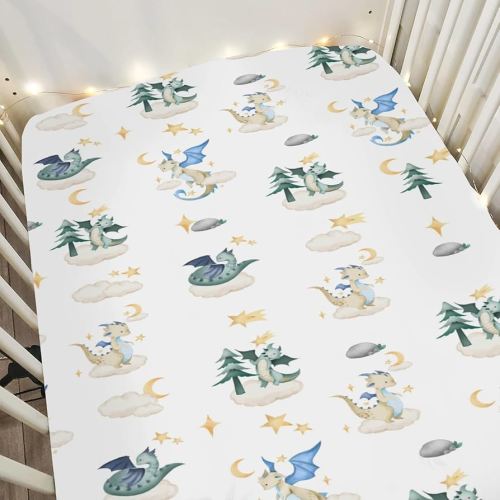 Fantasy Dragon Baby Crib Sheets for Boy Girl 52"x28" Fairytale Dragons Moon Stars Clouds Trees Soft Snug Fitted Crib Mattress Cover Myth Animal Baby Sheet for Standard Crib & Toddler Bed Mattress