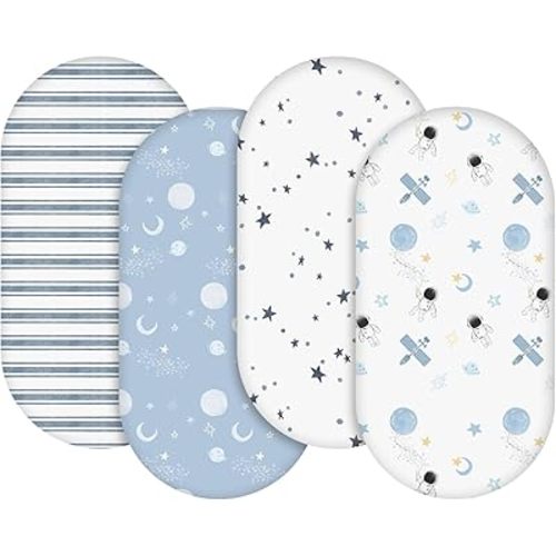 GLLQUEN BABY Bassinet Sheets 4 Pack, Breathable Cozy Fitted Mattress Sheet, Elastic Travel Crib Fashionable Floral Pattern, Standard Cradle Safe Sheets for Baby Boy Girls 32"X16"(Astronaut)