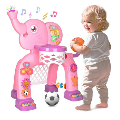 Toddler Basketball Hoop & Soccer Goal, Toys for 1 2 3 Year Old Boys Girls, Kids Sports Toy with Light Sound Music, Montessori Toys for Baby 12-18 Months, Christmas Birthday Gifts for Ages 1-3(Pink）