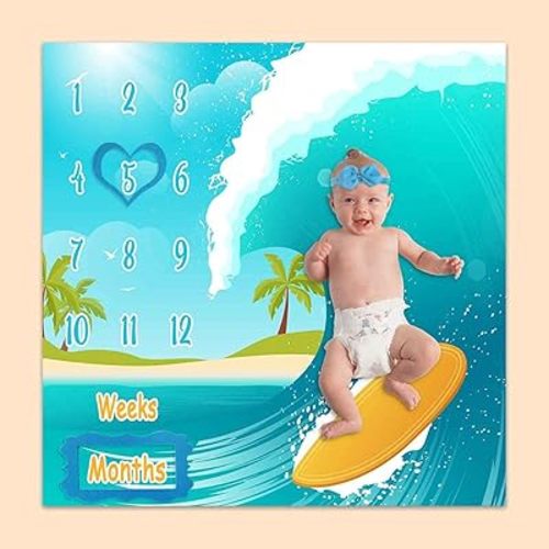 Baby Monthly Milestone Blanket, Sea Surfboard Waves, Newborns 1 to 12 Months Unisex Include 4 Frames and 1 Headband 47"x47"BTLSPH495